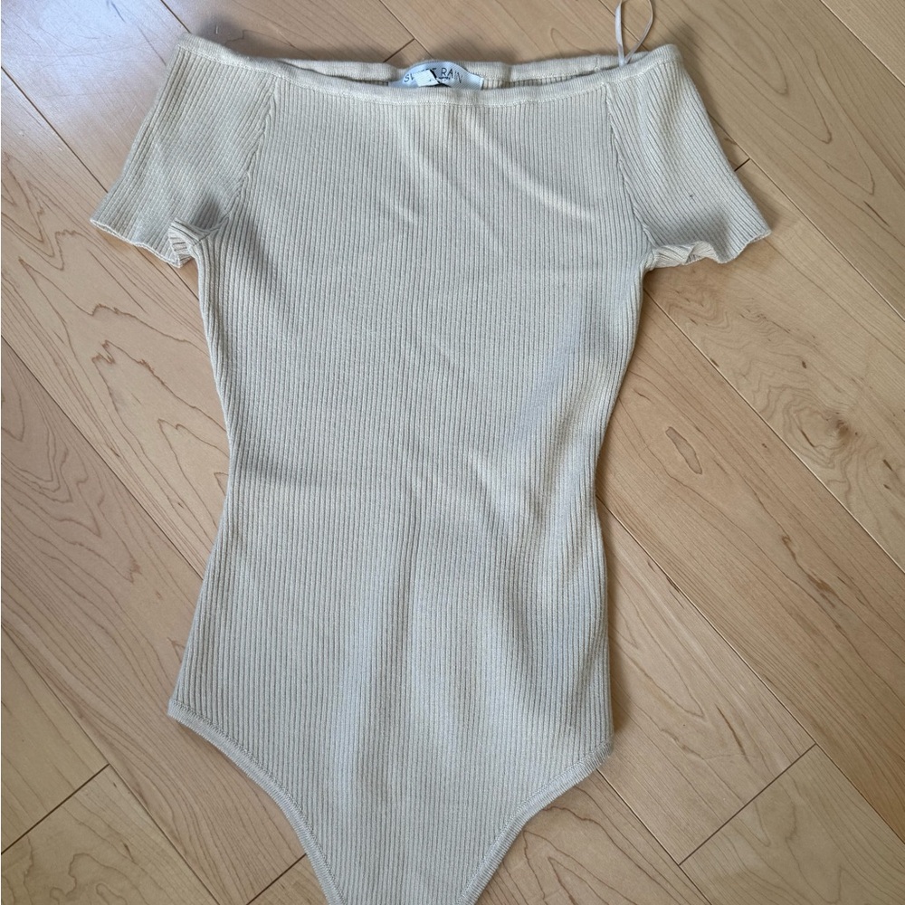 Off shoulder Cream Ribbed body One Piece